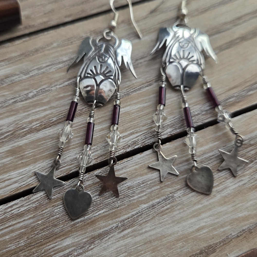 SterlingSilver & Burgundy VTG Angel Dangle Earrings Whimical Goth Southwestern - Picture 2 of 7